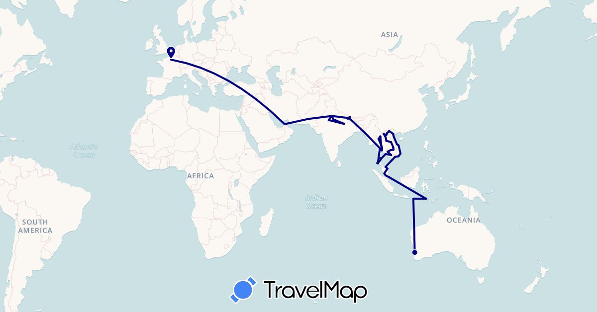 TravelMap itinerary: driving in United Arab Emirates, Australia, France, Indonesia, India, Cambodia, Laos, Malaysia, Nepal, Singapore, Thailand, Vietnam (Asia, Europe, Oceania)